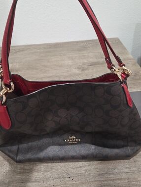 Coach Brown Signature Shoulder Bag with Red Trim